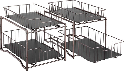 2 Pack -  Stackable 2-Tier Spice Rack Kitchen Organizer Cabinet Storage with Sliding Storage Drawer, Bronze