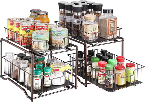 2 Pack -  Stackable 2-Tier Spice Rack Kitchen Organizer Cabinet Storage with Sliding Storage Drawer, Bronze
